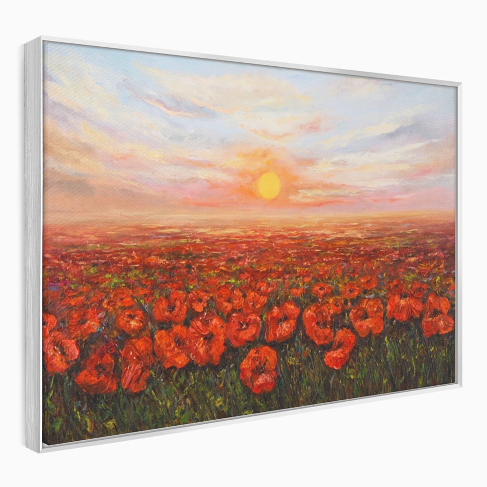 Tablou canvas cu pictura camp cu maci, in rama de aluminiu argintiu
